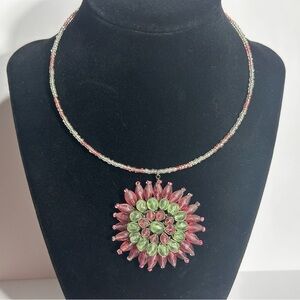 Pink Green Flower Pendant Necklace Wire Wrapped Garden Fairycore Feminine